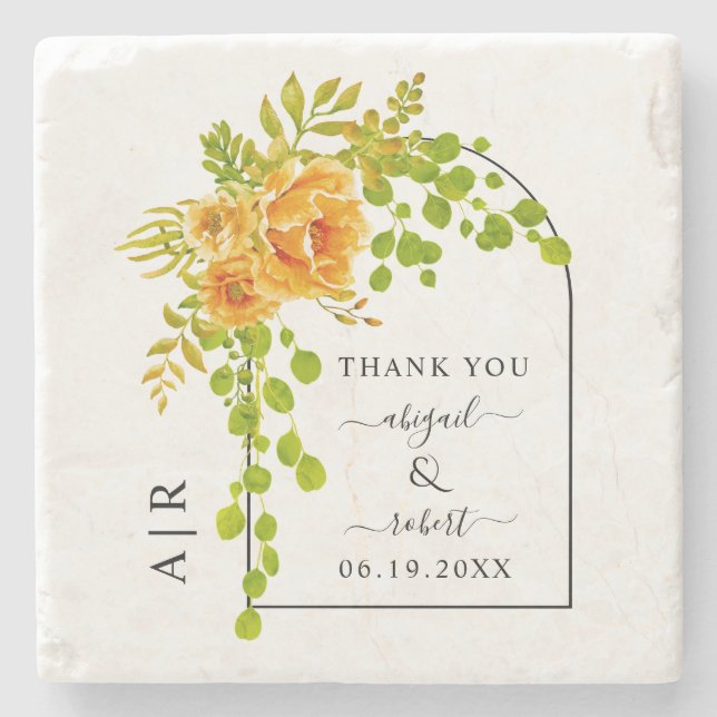 Orange flowers, arch and monogram fall wedding stone coaster (Front)