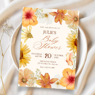Orange flowers baby shower invitation