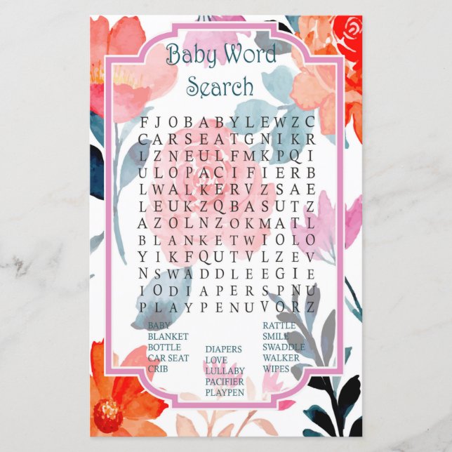 Orange flowers Baby Shower Word Search Game (Front)