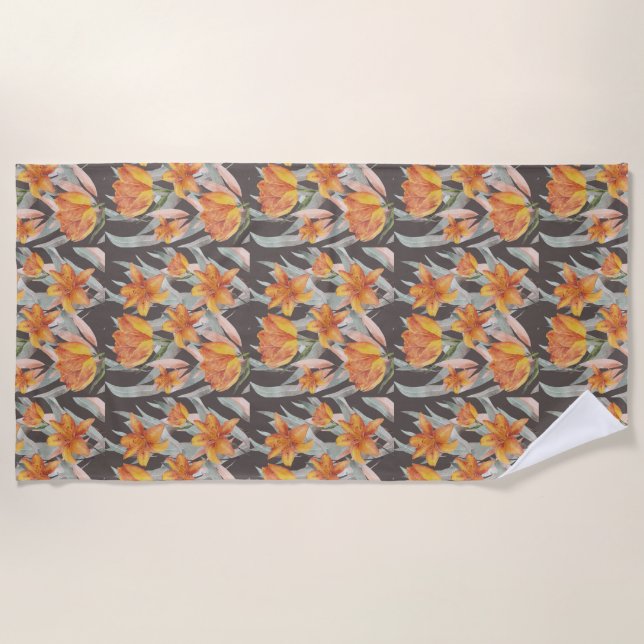 orange flowers beach towel (Front)