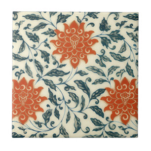 orange flowers - blue stem - Chinese pattern Ceramic Tile