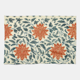 orange flowers - blue stem - Chinese pattern Tea Towel