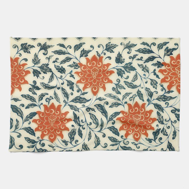 orange flowers - blue stem - Chinese pattern Tea Towel (Horizontal)