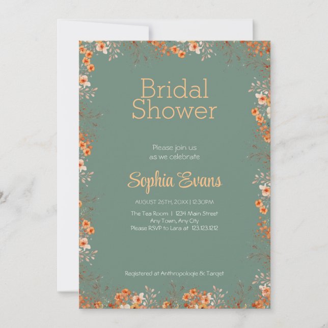 Orange Flowers Border Green Bridal Shower Invitation (Front)