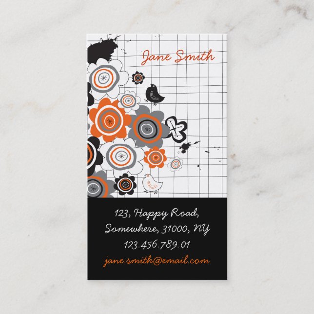 Orange Flowers Chicks Grunge Ink Blots Doodles Kid Business Card (Front)