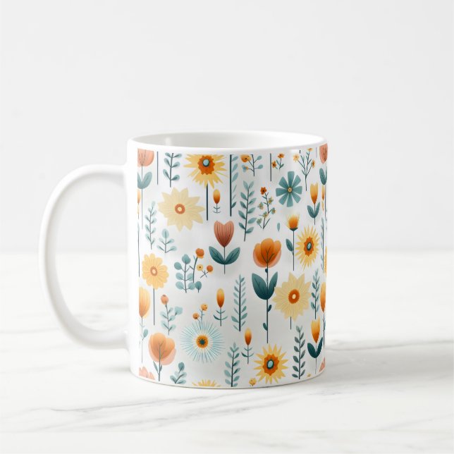 Orange Flowers Colourful Pattern Coffee Mug (Left)