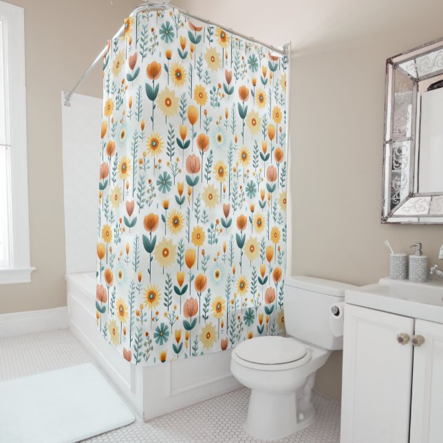 Orange Flowers Colourful Pattern Shower Curtain (In Situ)