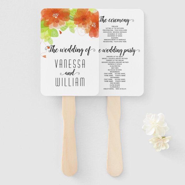 Orange flowers cursive script wedding program hand fan (Front and Back)