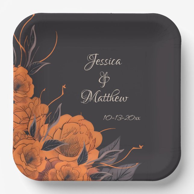 Orange Flowers Elegant Chic date Wedding  Paper Plate (Front)