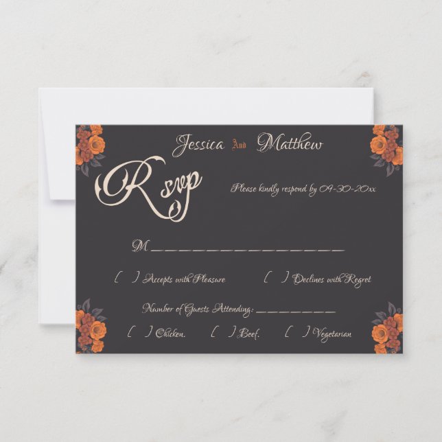 Orange Flowers Elegant Formal RSVP card (Front)