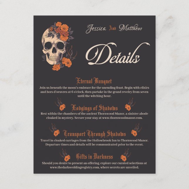 Orange Flowers Elegant gothic QR code details card (Front)