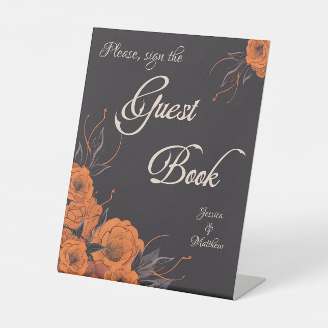 Orange Flowers Elegant Sign Guest Book Wedding (Front)