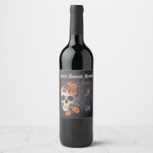 Orange Flowers Elegant Skull Monogram wedding Wine Label