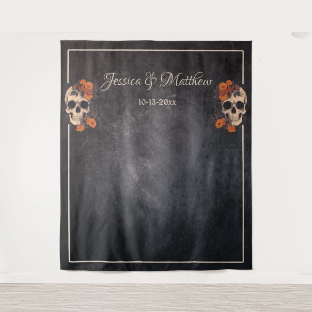 Orange Flowers Elegant Skull Wedding Backdrop  Tapestry (Front)