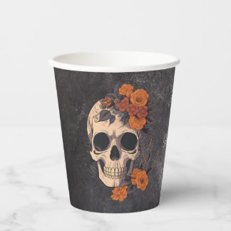 Orange Flowers Elegant Skull Wedding Paper Cups