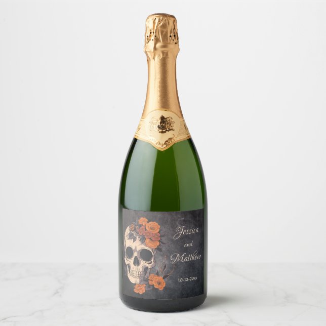 Orange Flowers Elegant  Skull Wedding Sparkling Wine Label (Front)