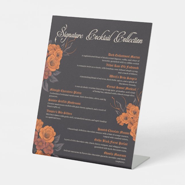 Orange Flowers Elegant Wedding Cocktail Menu  Pedestal Sign (Front)