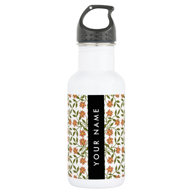 Orange Flowers, Floral Pattern, Boho, Your Name 532 Ml Water Bottle (Front)