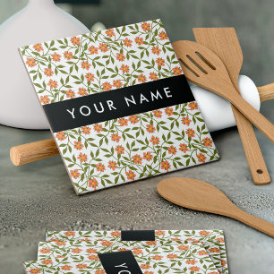 Orange Flowers, Floral Pattern, Boho, Your Name Ceramic Tile