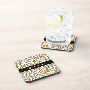 Orange Flowers, Floral Pattern, Boho, Your Name Coaster
