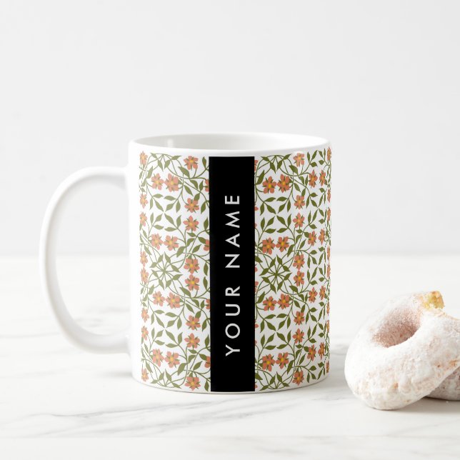 Orange Flowers, Floral Pattern, Boho, Your Name Coffee Mug (With Donut)