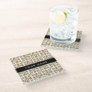 Orange Flowers, Floral Pattern, Boho, Your Name Glass Coaster