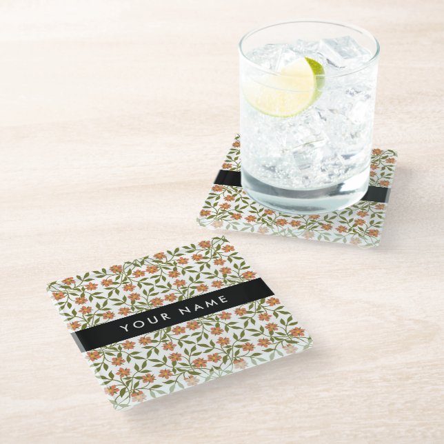 Orange Flowers, Floral Pattern, Boho, Your Name Glass Coaster (Angled)
