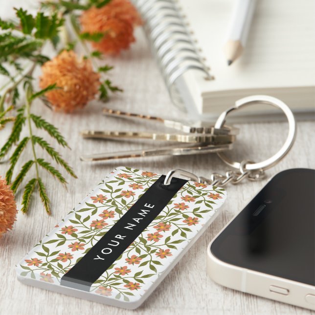 Orange Flowers, Floral Pattern, Boho, Your Name Key Ring (Front Right)