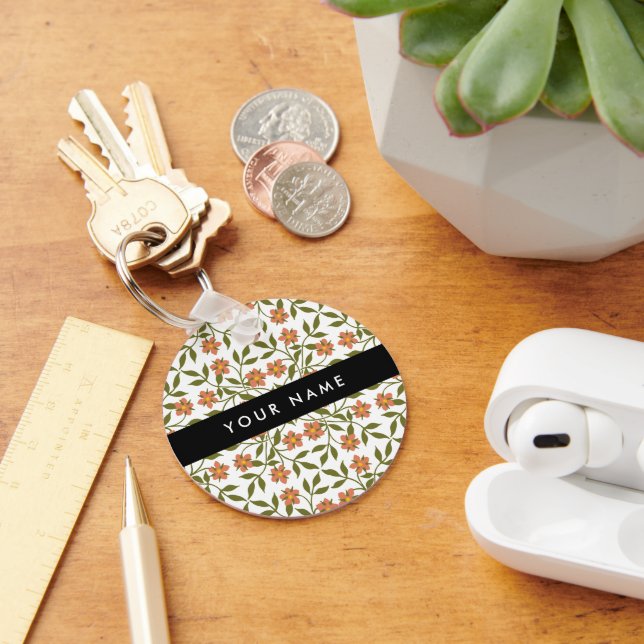 Orange Flowers, Floral Pattern, Boho, Your Name Key Ring (Desk)