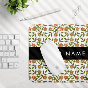 Orange Flowers, Floral Pattern, Boho, Your Name Mouse Pad