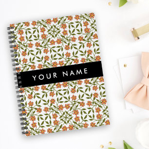 Orange Flowers, Floral Pattern, Boho, Your Name Notebook