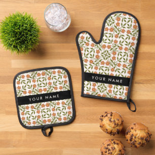 Orange Flowers, Floral Pattern, Boho, Your Name Oven Mitt & Pot Holder Set