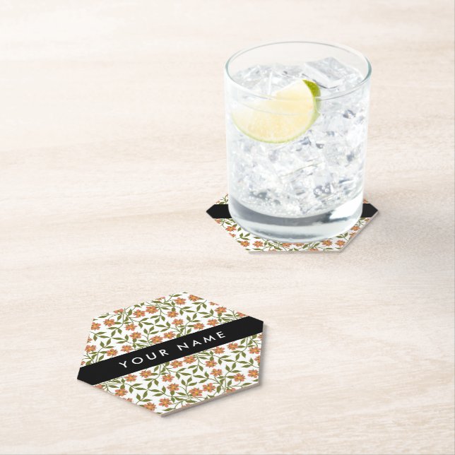 Orange Flowers, Floral Pattern, Boho, Your Name Paper Coaster (Insitu)