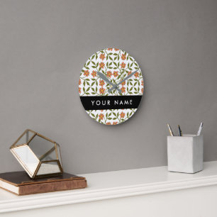 Orange Flowers, Floral Pattern, Boho, Your Name Round Clock