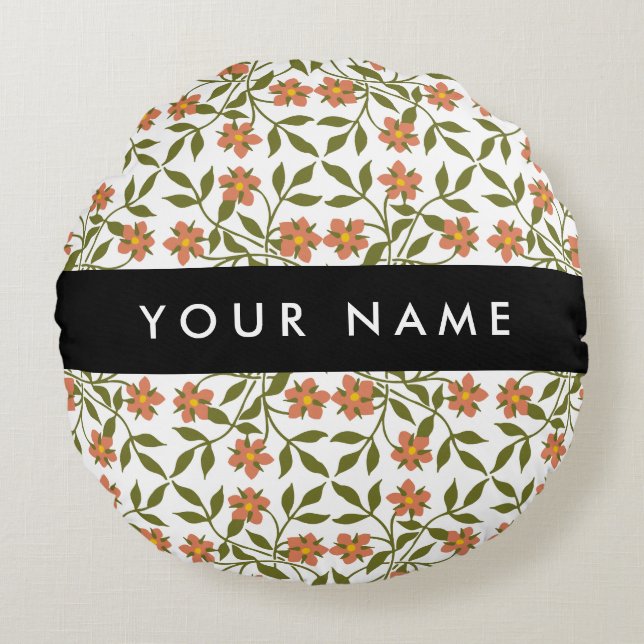 Orange Flowers, Floral Pattern, Boho, Your Name Round Cushion (Front)