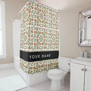 Orange Flowers, Floral Pattern, Boho, Your Name Shower Curtain
