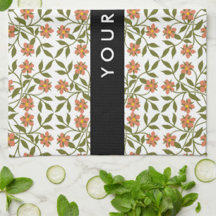 Orange Flowers, Floral Pattern, Boho, Your Name Tea Towel