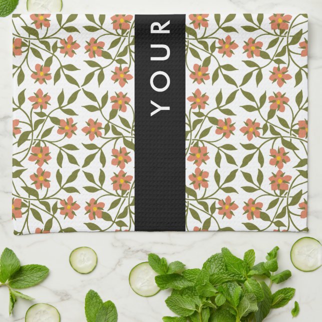 Orange Flowers, Floral Pattern, Boho, Your Name Tea Towel (Folded)