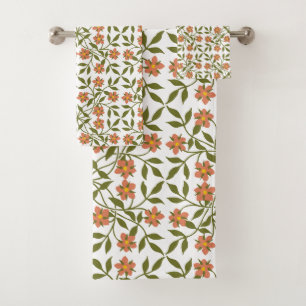 Orange Flowers, Floral Pattern, Greenery, Boho Bath Towel Set