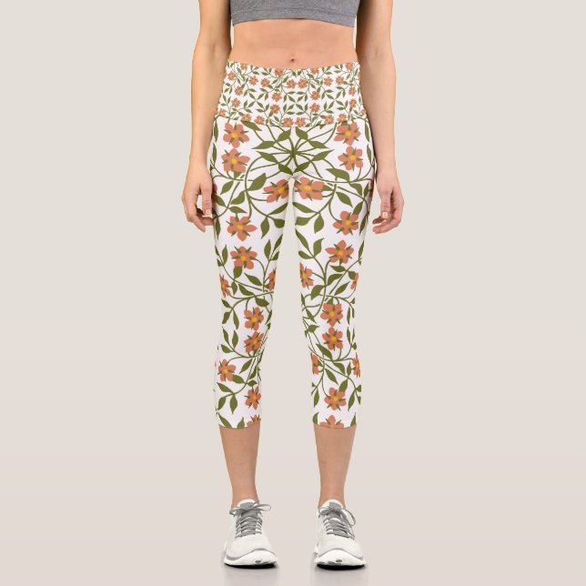 Orange Flowers, Floral Pattern, Greenery, Boho Capri Leggings (Front)