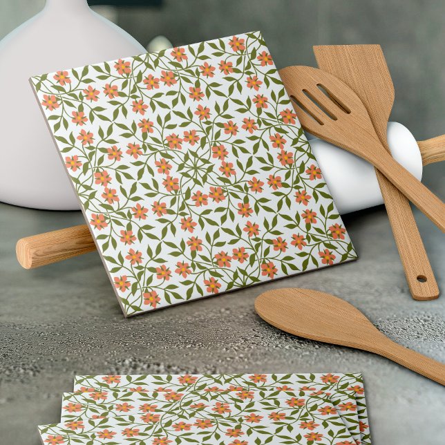 Orange Flowers, Floral Pattern, Greenery, Boho Ceramic Tile (Creator Uploaded)