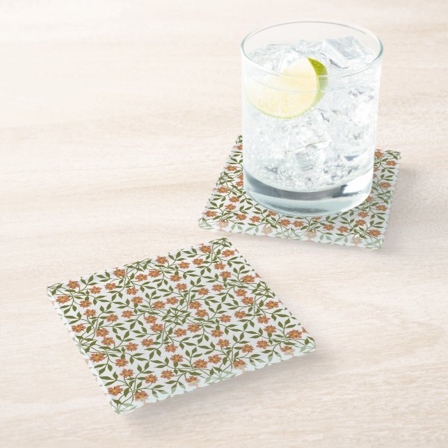Orange Flowers, Floral Pattern, Greenery, Boho Glass Coaster (Angled)