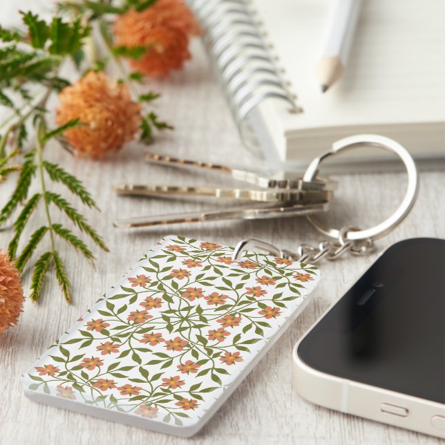 Orange Flowers, Floral Pattern, Greenery, Boho Key Ring (Front Right)