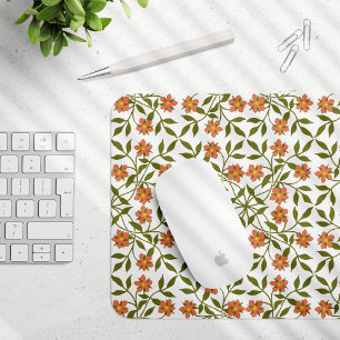 Orange Flowers, Floral Pattern, Greenery, Boho Mouse Pad
