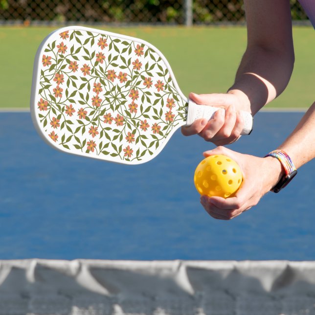 Orange Flowers, Floral Pattern, Greenery, Boho Pickleball Paddle (Insitu)