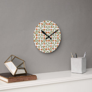 Orange Flowers, Floral Pattern, Greenery, Boho Round Clock