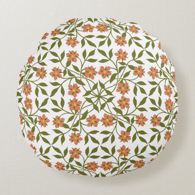 Orange Flowers, Floral Pattern, Greenery, Boho Round Cushion (Front)
