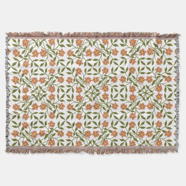 Orange Flowers, Floral Pattern, Greenery, Boho Throw Blanket (Front)