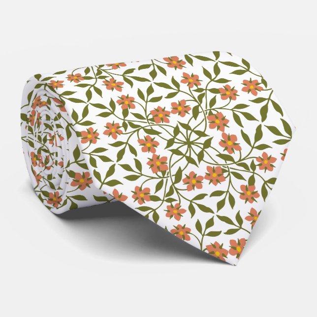 Orange Flowers, Floral Pattern, Greenery, Boho Tie (Rolled)