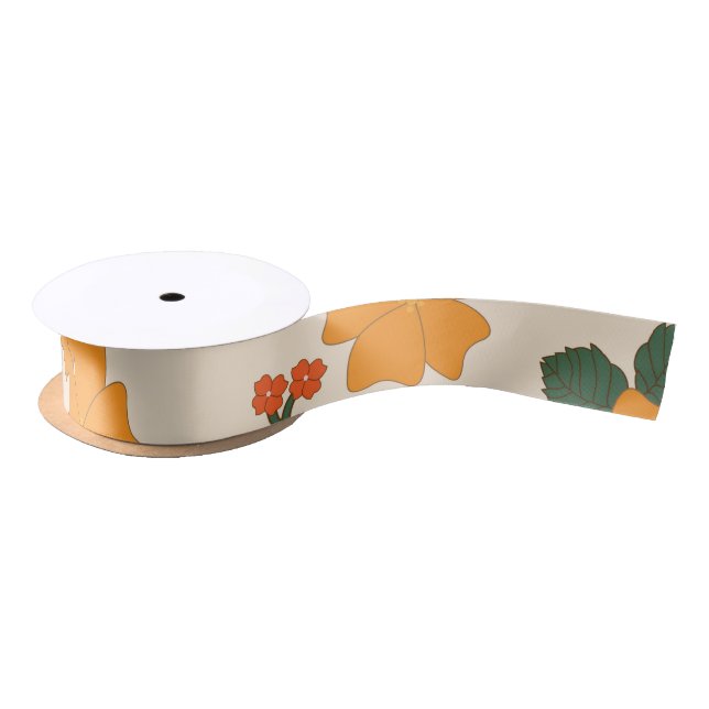 Orange Flowers, Floral Pattern, Pattern Of Flowers Satin Ribbon (Spool)